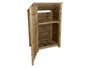 Wooden log store (roof sloping back) with door and kindling shelf W-119cm, H-180cm, D-88cm - natural (light green) finish