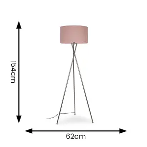 ValueLights Camden Modern Brushed Chrome Metal Tripod Floor Lamp with Pink Cylinder Shade - Includes 6w LED Bulb 3000K Warm White