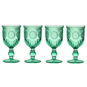 Set of 4 Vintage Luxury Turquoise Embossed Drinking Wine Glass Wine Goblets 290ml