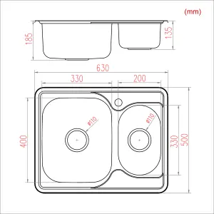 Double Bowl Stainless Steel Kitchen Sink with Drainer & Waste Pipes 630mm x 500mm