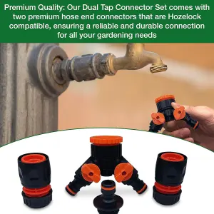 Dual Tap Connector Set - Two Premium Hose End Connectors with 3rd Male Tap Connector Included for Inline Use - Hozelock Compatible