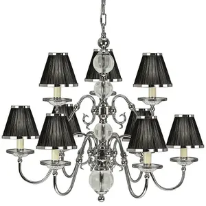 Flemish Ceiling Pendant Chandelier Polished Nickel & Black Shades 9 Lamp Light