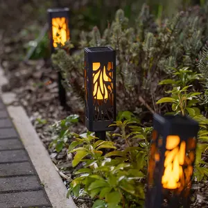 ValueLights Pack of 4 - Solar Powered Black Lantern Spike Lights with Flame Effect, Solar Stake Light for Outdoor Garden Path