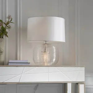 Clear Ribbed Glass Twin Lit Table Lamp Light & Vintage White Fabric Shade