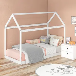 HOMCOM Wooden Single Bed Frame with Tree House Style, White