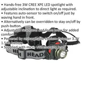 Hands Free Head & Hat Torch - 3W LED - Auto Sensor - Adjustable Band