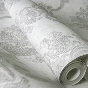 Galerie Azulejo Silver Porto Large Distressed Baroque Damask Wallpaper Roll