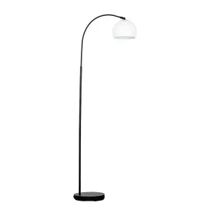 ValueLights Style Black Curved Stem Floor Lamp With Gloss White Arco Style Metal Dome Light Shade With LED GLS Bulb in Warm White