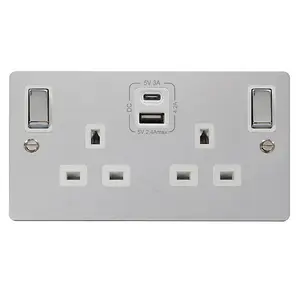 Flat Plate Polished Chrome 2 Gang 13A DP Ingot Type A & C USB Twin Double Switched Plug Socket - White Trim - SE Home