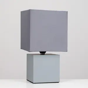 ValueLights Cubbie Grey Chrome Cube Touch Dimmer Bedside Table Lamp with Grey Fabric Shade