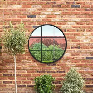 MirrorOutlet - The Circulus - Black Metal Frame Round Window Garden Wall Mirror 31"x 31" (80 x 80 cm)