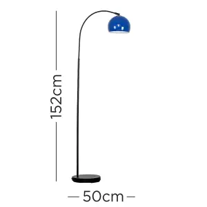 ValueLights Designer Style Black Stem Floor Lamp With Navy Blue Arco Style Metal Dome Light Shade With LED GLS Bulb in Warm White