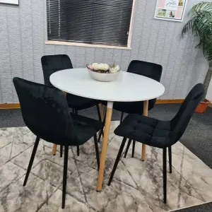 Dining Table Set Of 4 Round White Dining Table And 4 Black Velvet Tufted Chairs For Kitchen Room Dining Room