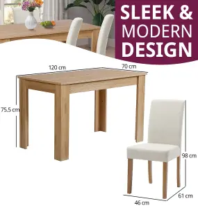 Hallowood Furniture Newquay Oak Fixed Top Table 120cm with 4 Straight Back Beige Fabric Chairs