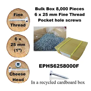 Pocket Hole Screws for Hardwoods, 25mm Long, Pack of 8,000, Fine Self-Cutting Threaded Square Drive, EPHS6258000F, EPH Woodworking