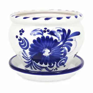 Blue Floral Hand Painted Outdoor Garden Bola Pot & Drainage Plate (D) 25cm