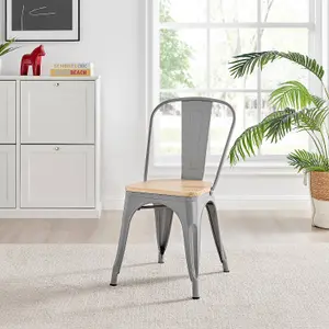 Furniturebox Set of 2 Grey Colton Tolix Style Stackable Industrial Metal Dining Chair With Pine Seat