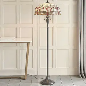 1.5m Tiffany Twin Floor Lamp Dark Bronze & Dragonfly Stained Glass Shade i00012