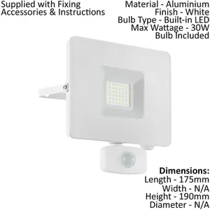 IP44 Outdoor Flood Light & PIR Sensor White Aluminium 30W Built in LED