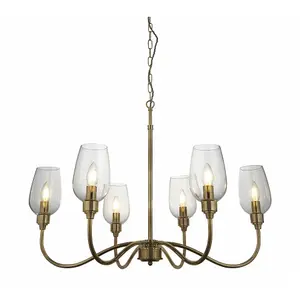 Multi Arm Hanging Ceiling Pendant Light - Antique Brass Plate & Clear Glass Shade - 6 x 6W LED E14