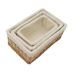 JVL Hand Woven Acacia Set of 3 Rectangular Willow Storage Baskets with Lining, Honey Finish