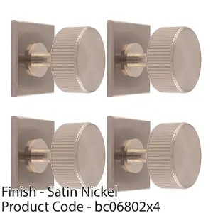 4 PACK - Reeded Radio Cabinet Door Knob & Matching Backplate Lined Satin Nickel 40 x 40mm