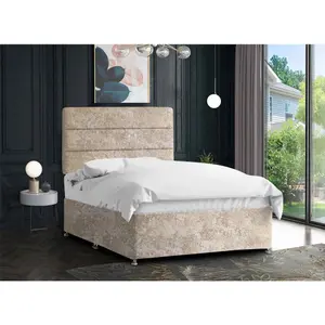 Harmony Divan Bed Set with Tall Headboard and Mattress - Crushed Fabric, Cream Color, Non Storage