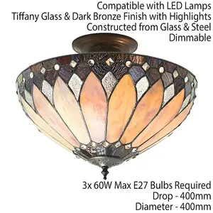 Tiffany Glass Semi Flush Ceiling Light Cream Bronze Round Inverted Shade i00158