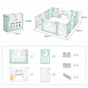 12+2 Panel Baby Foldable Playpen with Safety Gate 25 Sq.ft - Green White