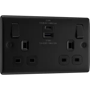 BG Nexus Metal 13A Double Switched Socket USB- A&C, 22W, Matt Black