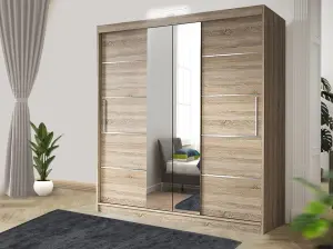 Bedroom Sliding Wardrobe with LED - Storage Space & Sleek Design comes in Width 100cm/120cm/150cm/180cm/203cm/250cm (Oak, 203cm)