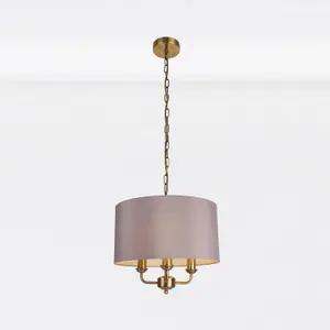 First Choice Lighting Pair of 3 Light Antique Brass Pendant Chandelier with Grey Fabric Shade