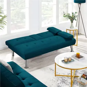 Yaheetech Aqua Blue Fabric Upholstered Convertible Futon Sofa Bed for Small Space