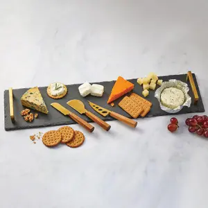 Occasion Rectangular Natural Slate Serving Platter with Brass Handles & 3 Piece Accessory Set