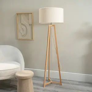 ValueLights Lottie Natural Wood Tripod Floor Lamp with Cream Boucle Drum Shade