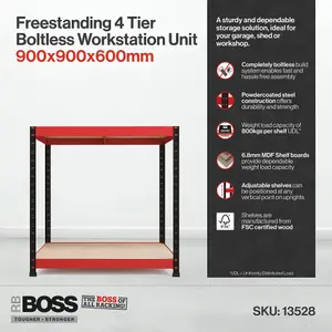 RB BOSS Garage Workbench 2 Shelf MDF Red & Black Powder Coated Steel Work Bench (H)900mm (W)900mm (D)600mm