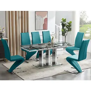 Rihanna Extending Clear Dining Table With 6 Demi Z Teal Chairs