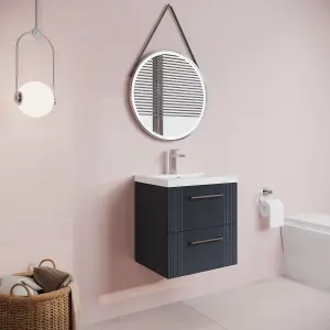 Retro  2 Drawer Wall Hung Vanity Unit with Mid-Edge 1 Tap Hole Ceramic Basin - 500mm - Satin Soft Black - Balterley