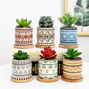 simpa 6PC Mixed Earth Pattern Ceramic Plant Pots with Bamboo Base