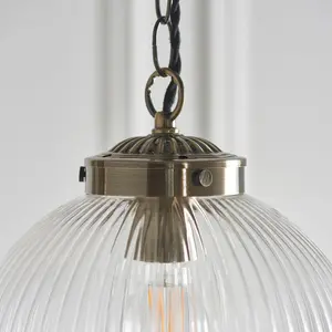 Bateson 1 - Light Globe Pendant Antique Brass/Clear Ribbed Glass / 100cm H x 25cm W x 25cm D