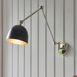 Luminosa Lehal Dome Adjustable Arm Wall Lamp Polished Nickel Plate, Matt Black