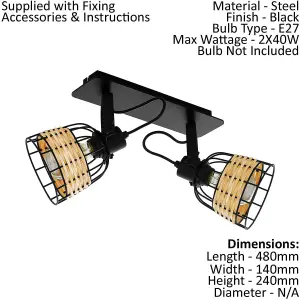 Twin Ceiling Spot Light & 2x Matching Wall Lights Black Wicker Shade Moving Head