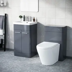 Nes Home Afern 500mm Vanity Unit, WC Unit And Round Back to Wall Toilet Steel Grey