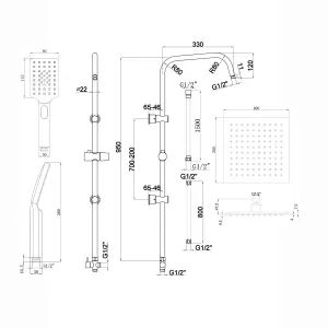 ENKI Dune Black Dual Rigid Riser Brass Thermostatic Overhead Shower & Handheld Kit 400mm