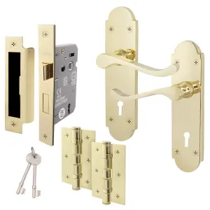 AFIT Polished Brass Door Handle Key Lock Set - Victorian Scroll - 1 Pair of Internal Door Handles, Hinges 76mm, Sash Lock 64mm