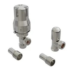 Right Radiators Satin Nickel Angled TRV Thermostatic Radiator Valve and lockshield Valve 15mm x 1/2"