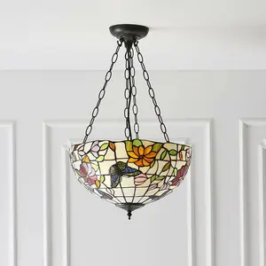 Medium Tiffany Butterfly Pendant Ceiling Light - Dark Bronze Finish - 3 x 60W E27 GLS