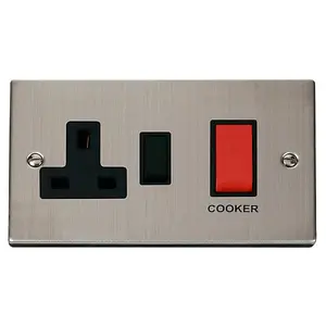 Stainless Steel Cooker Control 45A With 13A Switched Plug Socket - Black Trim - SE Home