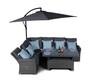 Seville Outdoor Rattan Garden Corner Sofa Dining Set with 3m Parasol - Grey