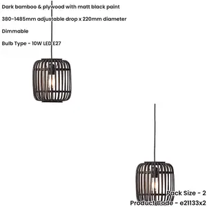 2 PACK Hanging Ceiling Pendant Light - Dark Bamboo & Plywood With Matt Black Paint - 10W LED E27